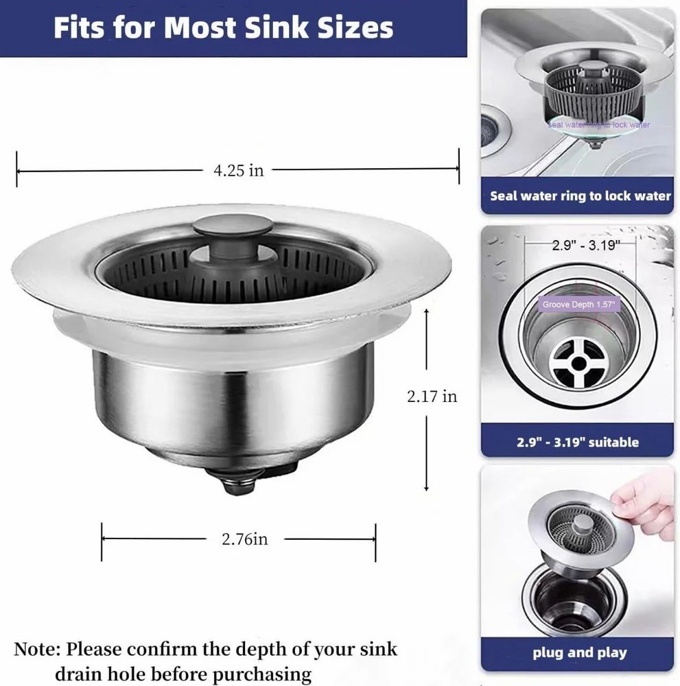3 In 1 Stainless Steel Strainer 3 in 1 Kitchen Sink Drain Strainer Sink Draining Basket Filter 7
