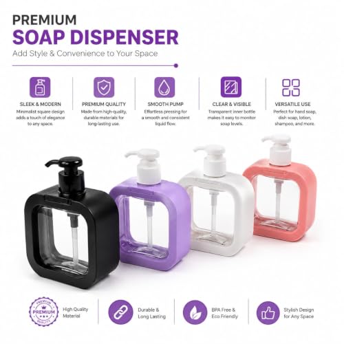 Square Soap Dispenser Refillable Liquid Hand Wash with Pump | Smooth Pump Action, Clear View Bottle, Coral Pink Frame, Refillable Design, Square Shape : Amazon.in: Home & Kitchen