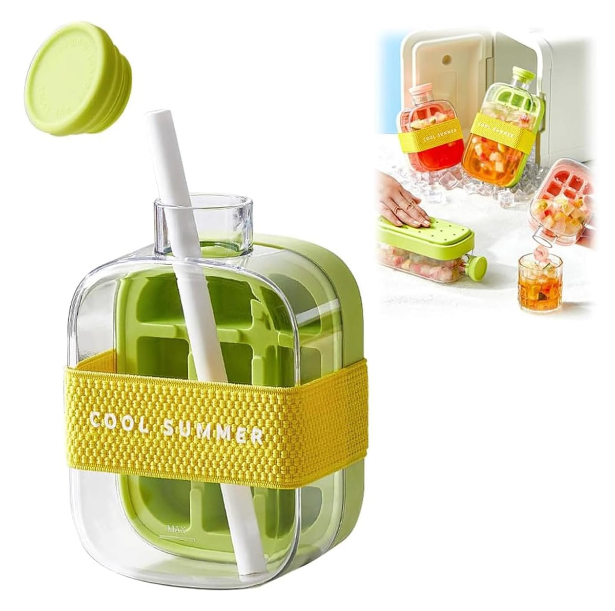 BSITFOW 2-in-1 Ice Cube Bottle with Straw - 500ml & 800ml Easy Press Ice Tray Water Bottle, Leak Proof Lid, Touch-free Vertical Ice Maker for Freezer, Travel, Gym & Home Use (1 pcs)(500 ml)(Multi)